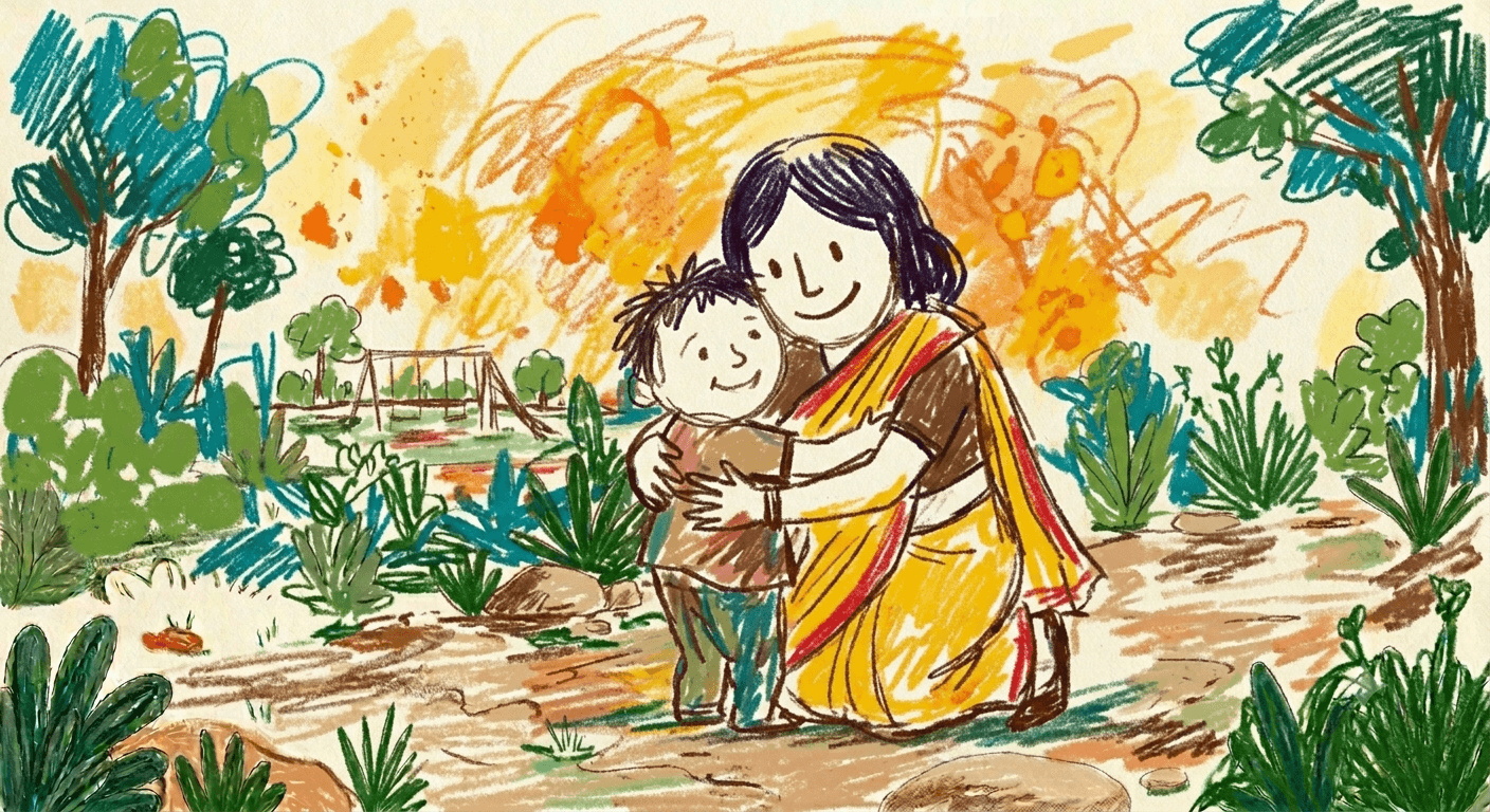 A mother in a yellow saree hugging her smiling son outdoors near a playground