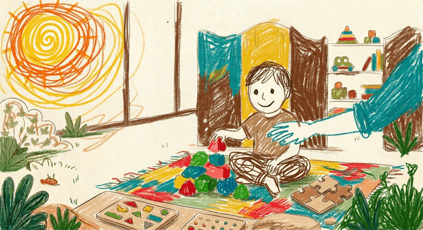 A boy absorbed in building blocks and puzzles while a therapist's hand gently guides him